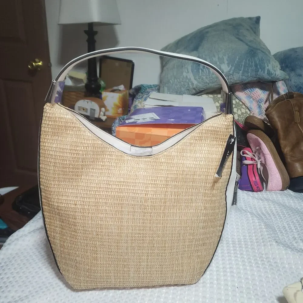 ALFANI NWT BANGLE STRAW WHITE BEIGE HOBO BAG